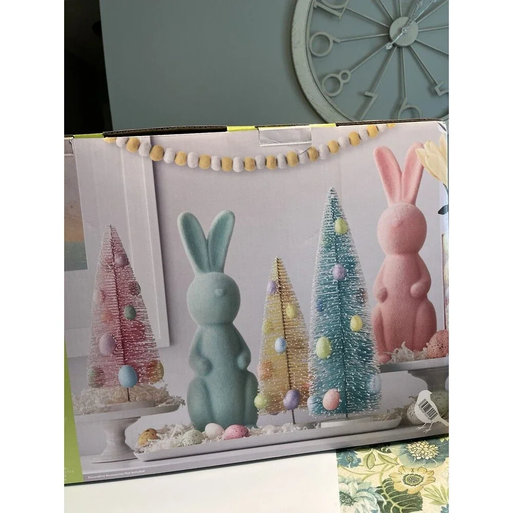 2 Flocked Bunnies Rabbits And 3 Bottlebrush Trees w Egg 5pc Easter Spring Decor